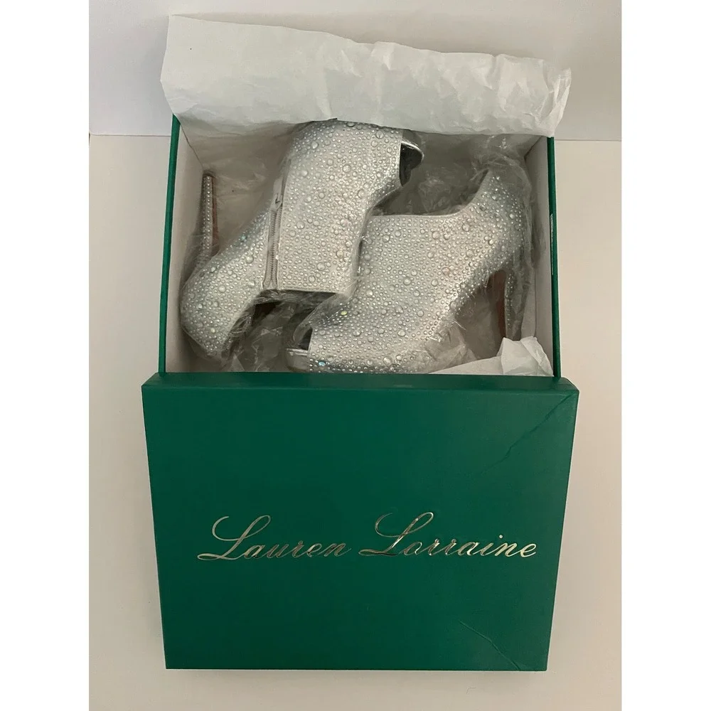 Lauren Lorraine Silver Rhinestone Peep Toe Booties Stiletto Formal Heels Size 8